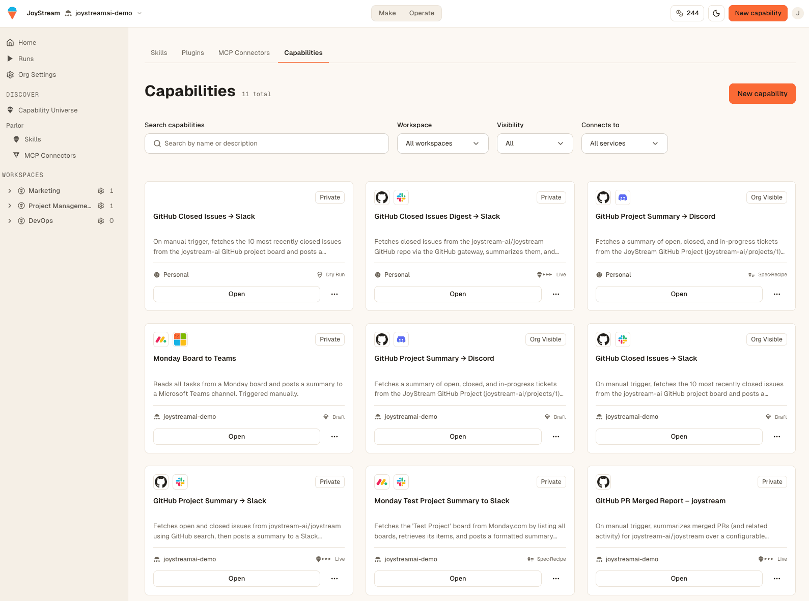 The Capabilities catalog — every Organizational Agent your org has built, with its connectors, visibility, and lifecycle stage, filterable and ready to reuse.