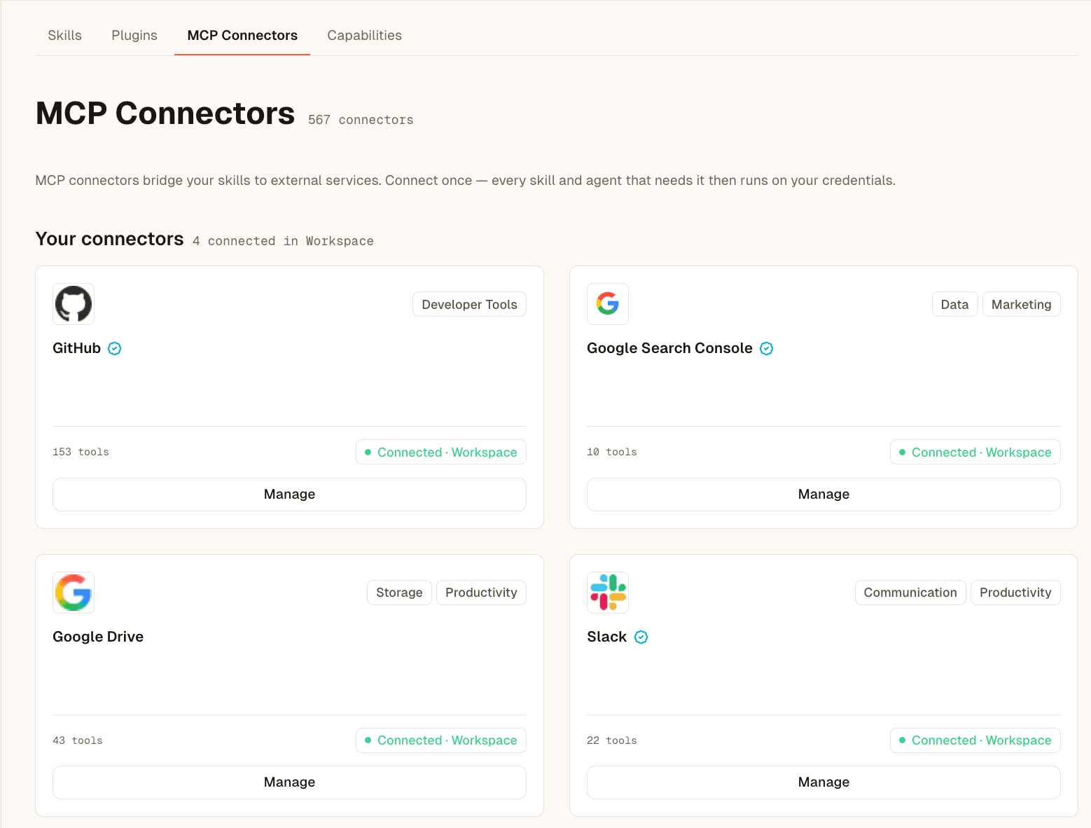 The MCP Connectors surface — the connectors your organization has connected (GitHub, Slack, Google, Attio, Teams…), each connected at a scope, plus a searchable catalog of every available connector.