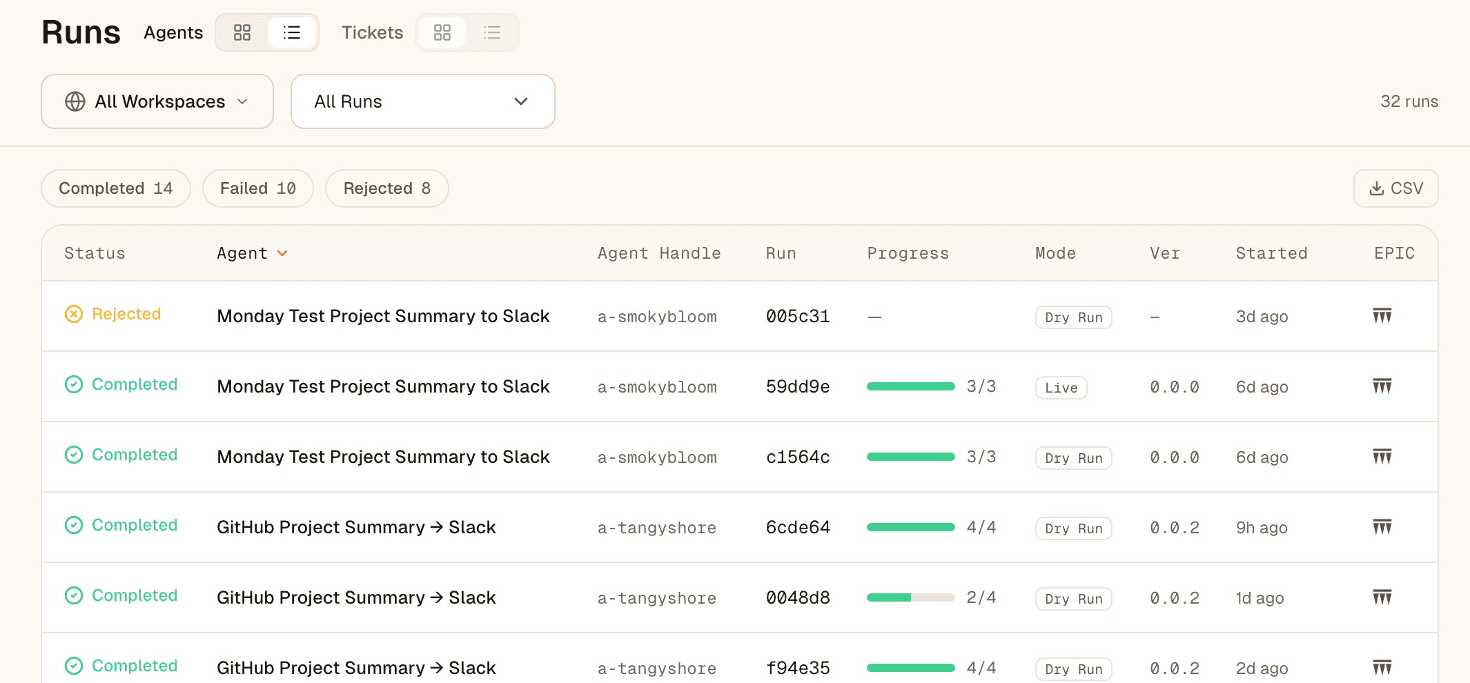 JoyStream Runs table — every Daily GitHub Summary run with status, progress, and mode